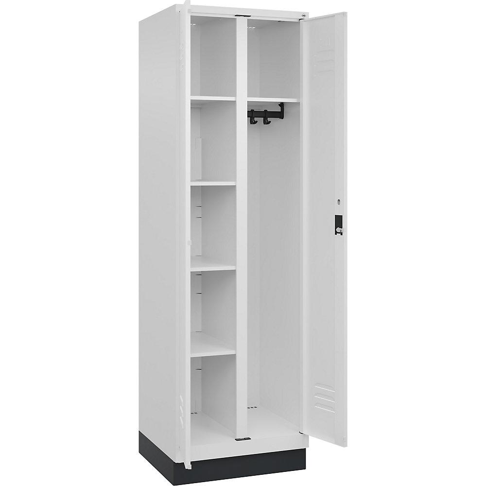 C+P Putzmittelspind Classic PLUS, 1 Abteil, Trennwand mittig, verkehrsweiß, B 600 mm, mit Bodensockel, Zylinderschloss