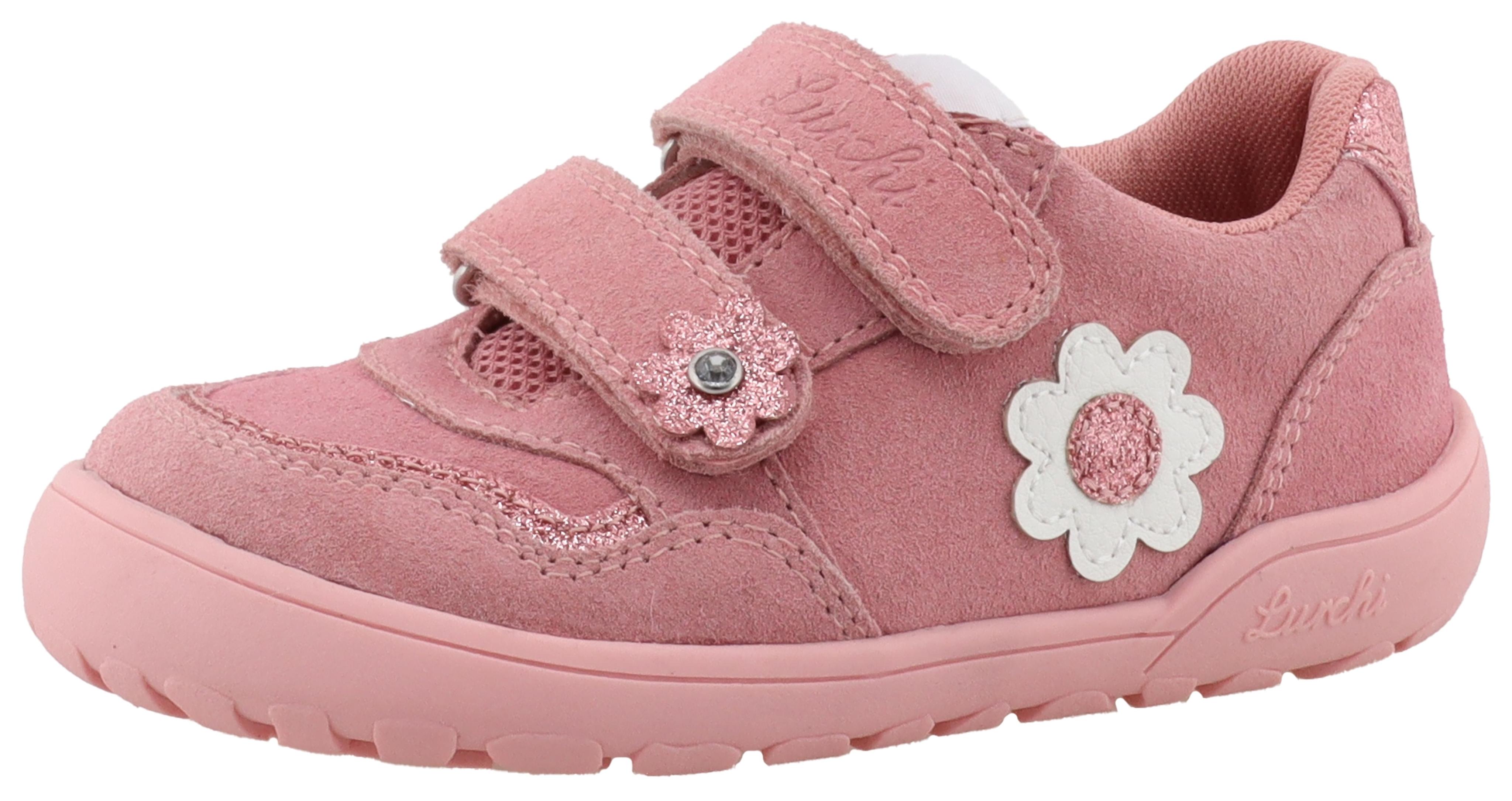 Barfußschuh LURCHI "Jola Barefoot", Kinder, Gr. 27, rosa, Veloursleder, kontrastfarbene Details, Schuhe Barfußschuh, Halbschuh, Sneaker mit Blüten, Größenschablone zum Download
