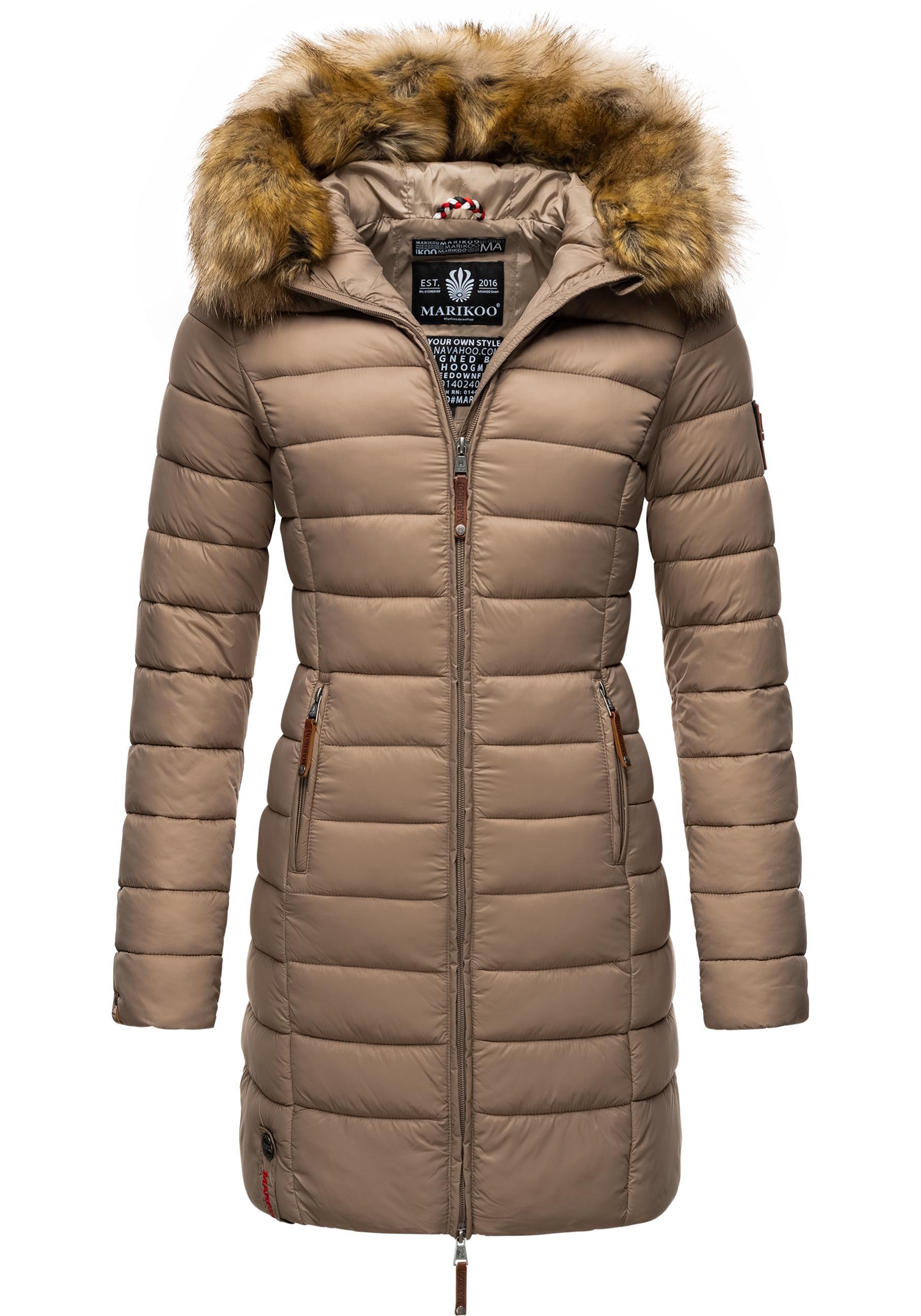 Steppmantel MARIKOO "Rose-Stepp", Damen, Gr. XL (42), grau (taupe), Oberstoff: 100% Nylon. Futter: 100% Polyester. Wattierung: 100% Polyester. Ärmelfutter: 100% Polyester. Kunstpelz: 90% Polyacryl, 10% Polyester, figurbetont Po-bedeckend, Ärmel ohne Ärmelschlitz normaler Saum, Mäntel Steppmantel, zeitloser Winterparka mit großer Kunstfellkapuze