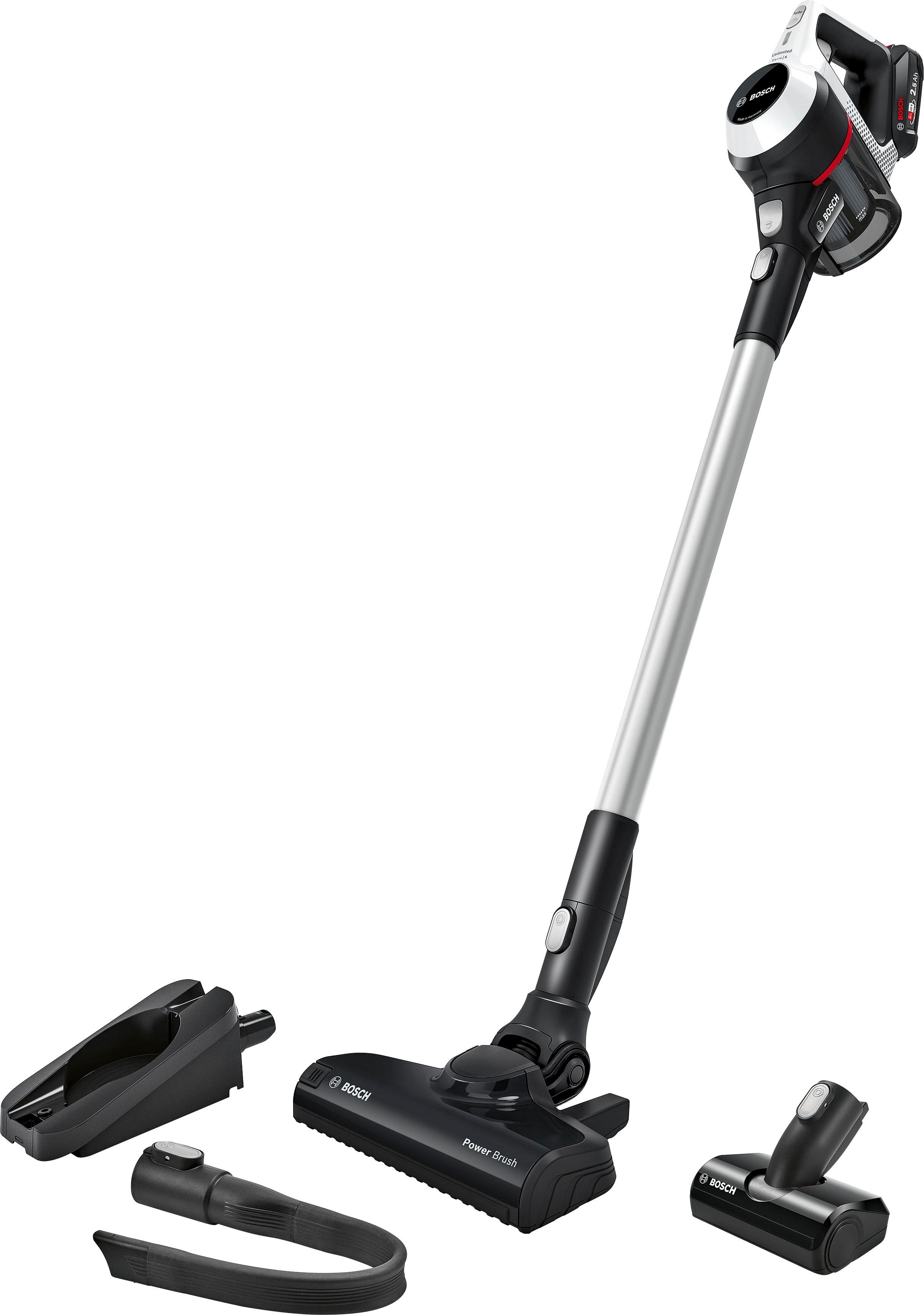 BOSCH Akku-Stielstaubsauger "Unlimited 6 BKS611MTB, Hygiene-Filter, 10 Jahre Motorgarantie, leicht", weiß, B:20cm H:122cm T:26,5cm, Akkusauger, alle Bodenarten, hohe Saugkraft, lange Laufzeit, Mini-Turbo-Düse, weiß