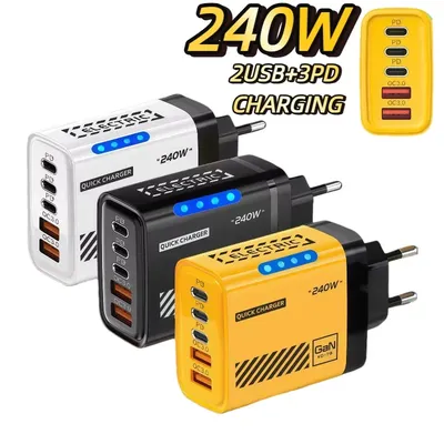 240W 5-Port USB-C Schnellladegerät mit 2 USB 3.0 und 3 Type-C PD 3.0 QC 3.0 Wandadapter für iPhone 17 16 15 Pro Samsung Xiaomi Huawei Smartphone