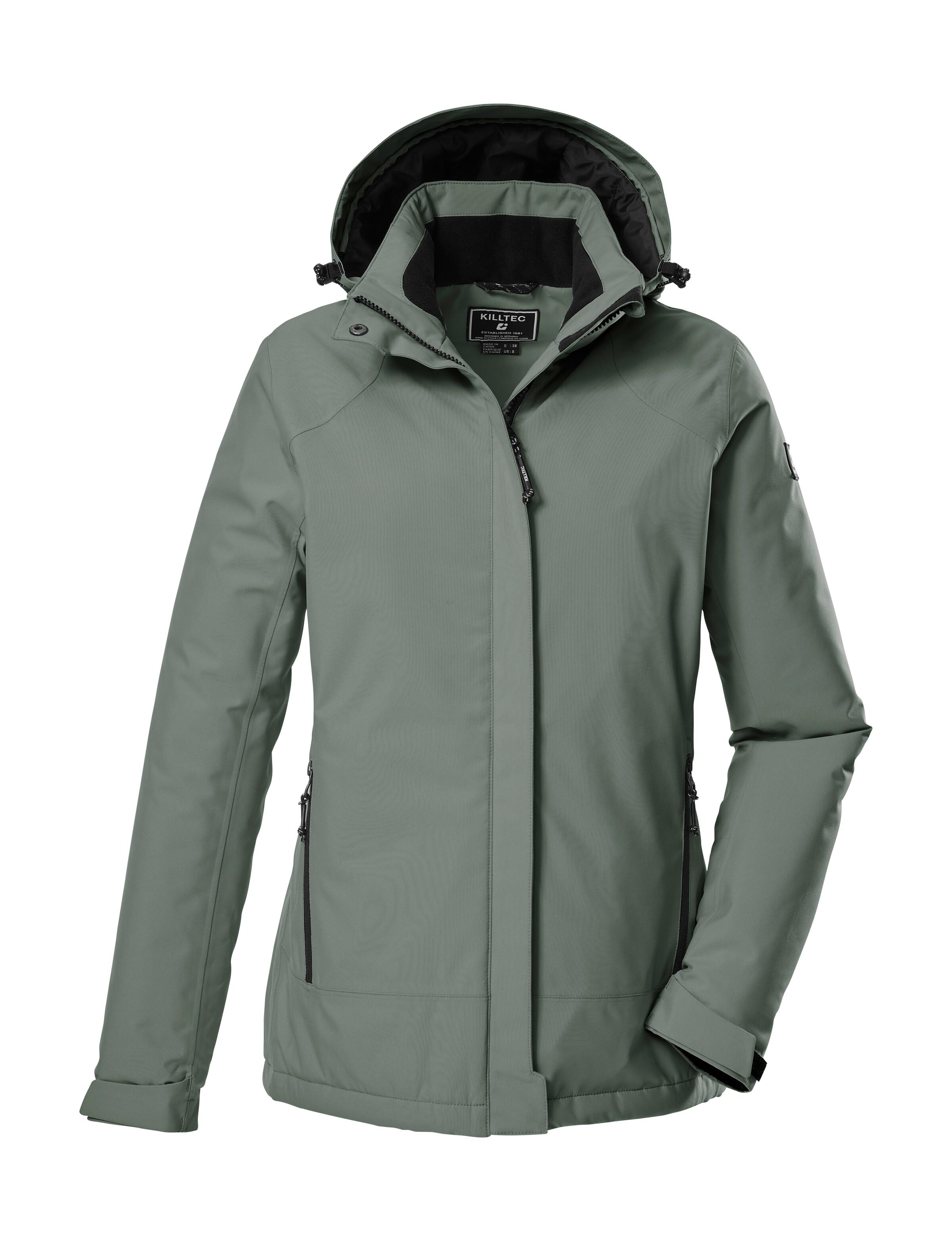 Funktionsjacke KILLTEC "KOW 250 WMN JCKT", Damen, Gr. 42, grün (graugrün), Obermaterial: 100% Polyester.Futter: 100% Polyester.Füllung: 100% Polyester, Jacken Funktionsjacke, Wasserdichte Damenjacke, atmungsaktiv, abnehmbare Kapuze