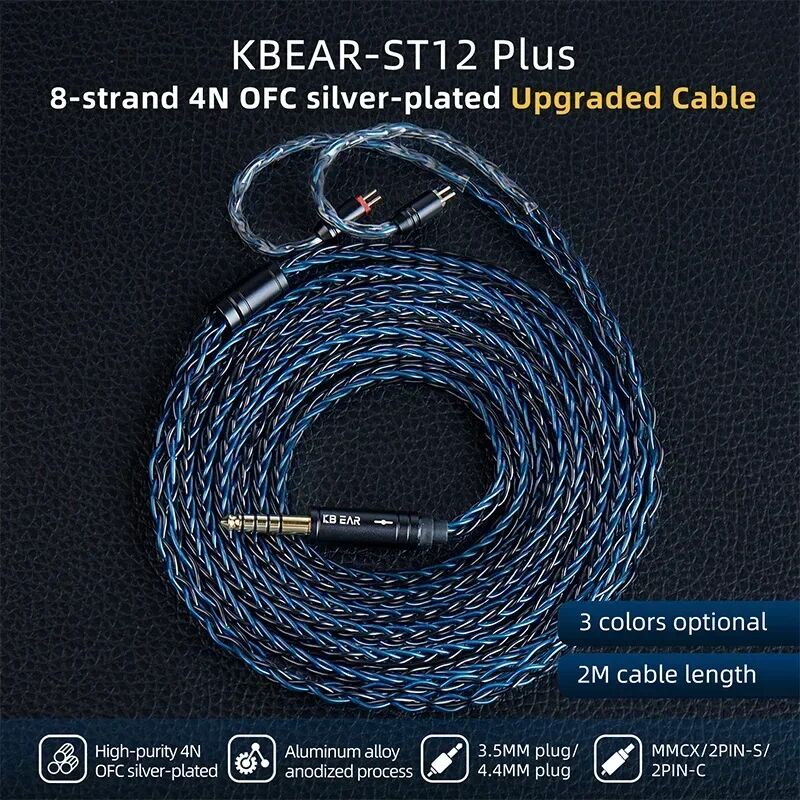 KBEAR ST12 Plus 2 m 8-adriges versilbertes verbessertes IEM-Kabel mit 3,5/4,4 mm 2PIN/QDC/MMCX-Kopfhörerkabel für KZ Gaming Headset
