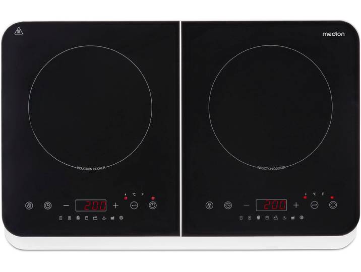 MEDION Doppel-Induktionskochplatte MD 18493, 3500 W Induktionsleistung, automatische Topferkennung, Timer , schwarz (weiß), B:60cm H:6cm T:36cm, Kochplatten, Temperaturbereich 60 - 240, Sensor-Touch-Display
