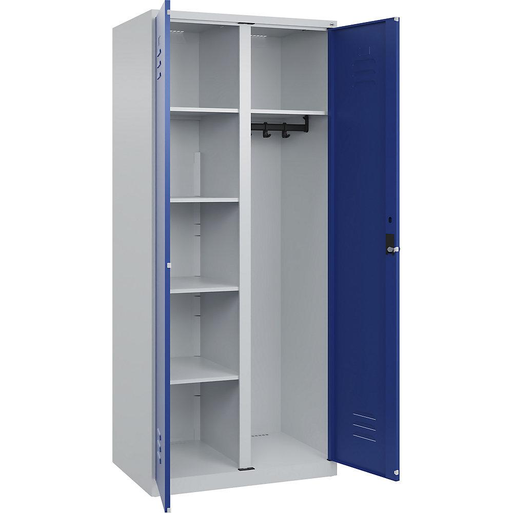 C+P Putzmittelspind Classic PLUS, 1 Abteil, Trennwand mittig, lichtgrau / enzianblau, B 800 mm, mit Bodengleitern, Drehriegel
