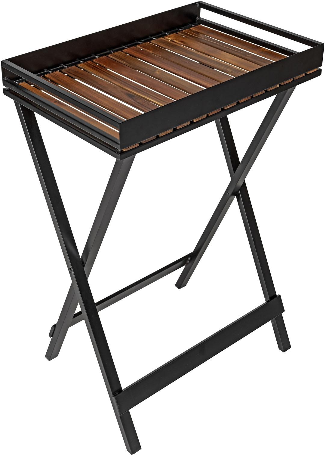 Tablett WENKO "Beistelltisch Modell Taba", schwarz (schwarz, natur), B:60cm H:89cm T:42cm, Akazienholz, Metall, Tabletts, klappbar, abnehmbares Akazienholz-Tablett, überdacht outdoorgeeignet