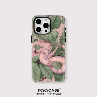 Fcicicase für Magsafe Wireless Charger Handyhülle für iPhone 16 Pro Max 15 14 Plus 13 Pro 12 11 Schlangenblätter Dual Layer Cover