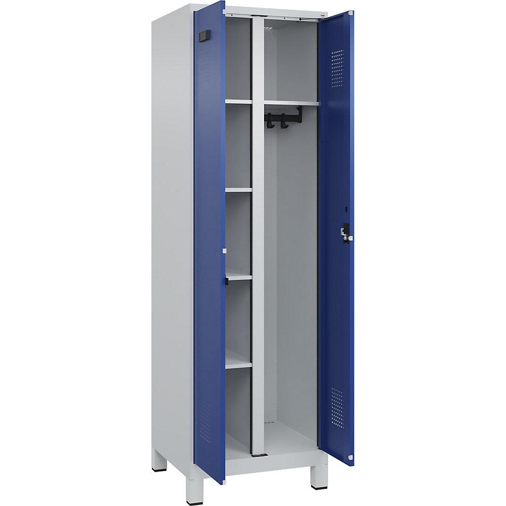 Putzmittelspind Evolo PLUS, 1 Abteil, Trennwand mittig, lichtgrau / enzianblau, B 600 mm, mit breiten Füßen, Zylinderschloss kaiserkraft