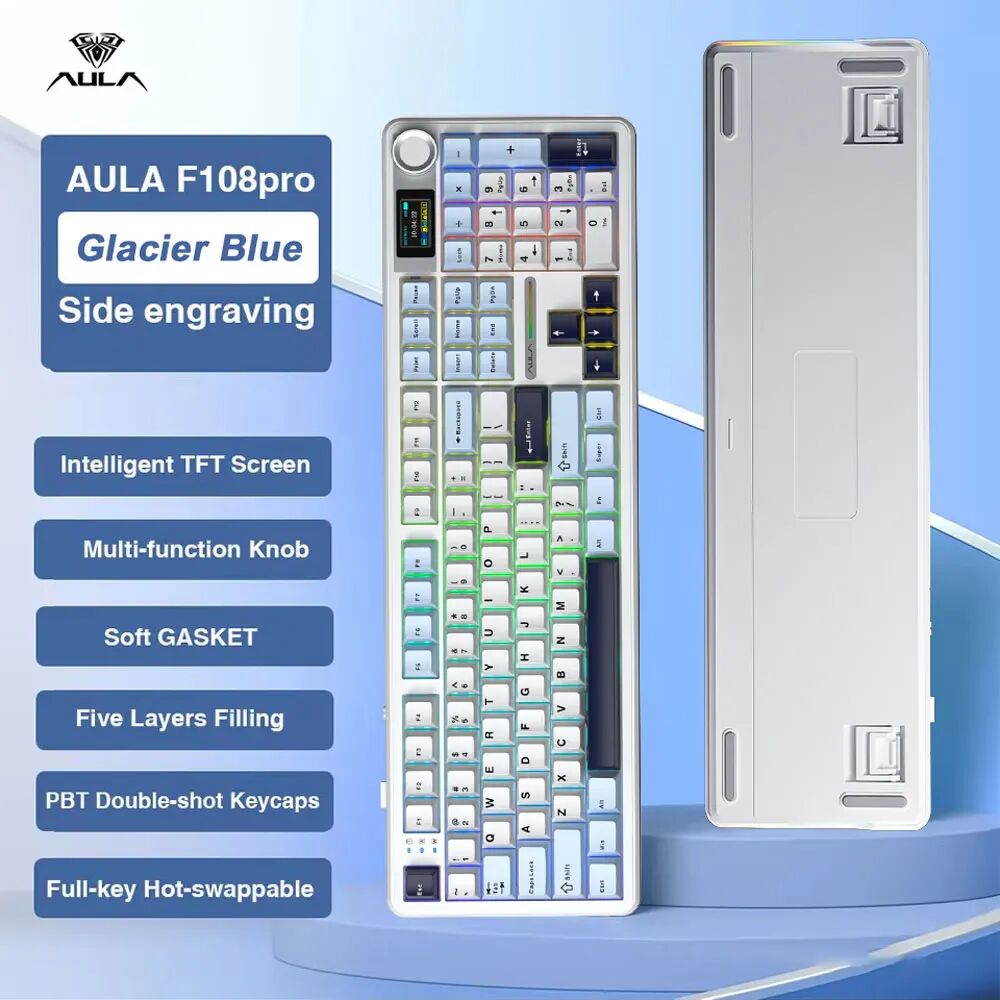AULA F108 Pro Gaming Mechanische Tastatur Tri Mode Benutzerdefinierter Multi-Knopf-Bildschirm RGB Esports Drahtlose Tastatur mit TFT Smart Display