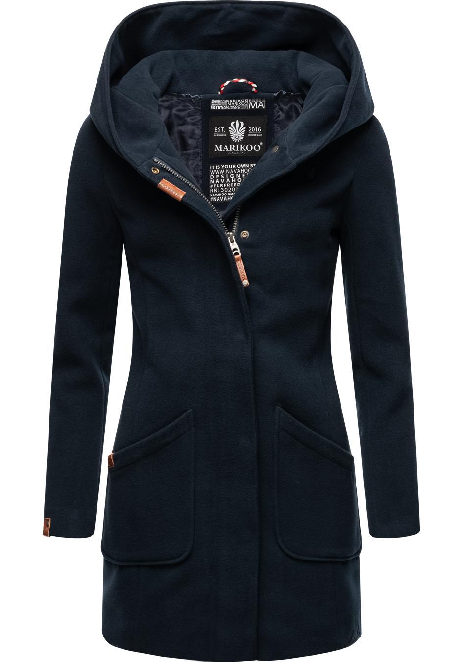 Wintermantel MARIKOO "Maikoo", Damen, Gr. XXL (44), blau (dunkelblau), Oberstoff: 90% Polyacryl, 8% Viskose, 2% Elasthan. Futter: 100% Polyester. Ärmelfutter: 100% Polyester, tailliert Po-bedeckend, Ärmel ohne Ärmelschlitz normaler Saum, Mäntel Wintermantel, hochwertiger Mantel in Wollmantel-Optik mit großer Kapuze