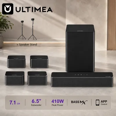 ULTIMEA 7.1 Surround Soundbar für Smart TV, 410W Heimkino-Soundbar mit 6,5-Zoll Kabellosem Subwoofer & 4 Surround-Lautsprechern, SurroundX, App-Steuerung